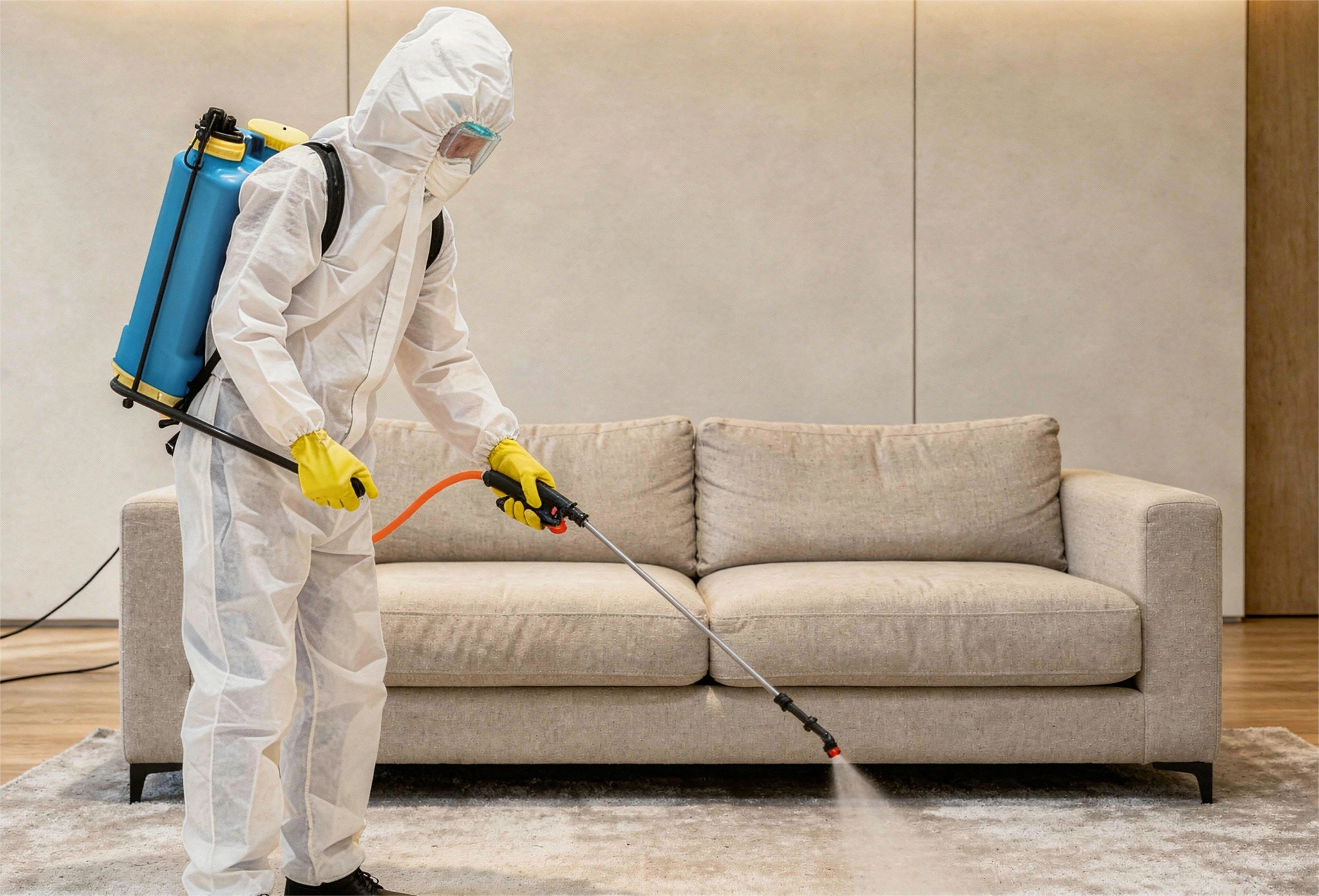 Professional pest control technician spraying sofa area to eliminate household pests in Los Angeles by No Bugs in LA