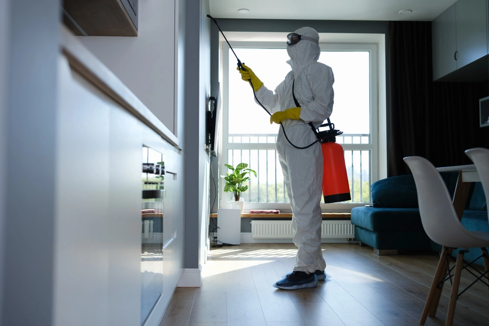 Residential pest control service treating living space interior in Los Angeles by No Bugs in LA
