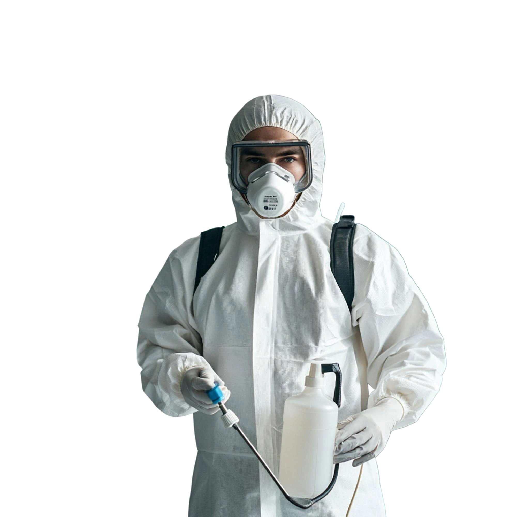 Eco-friendly pest control technician wearing protective gear and spraying treatment safely with No Bugs in LA in Los Angeles