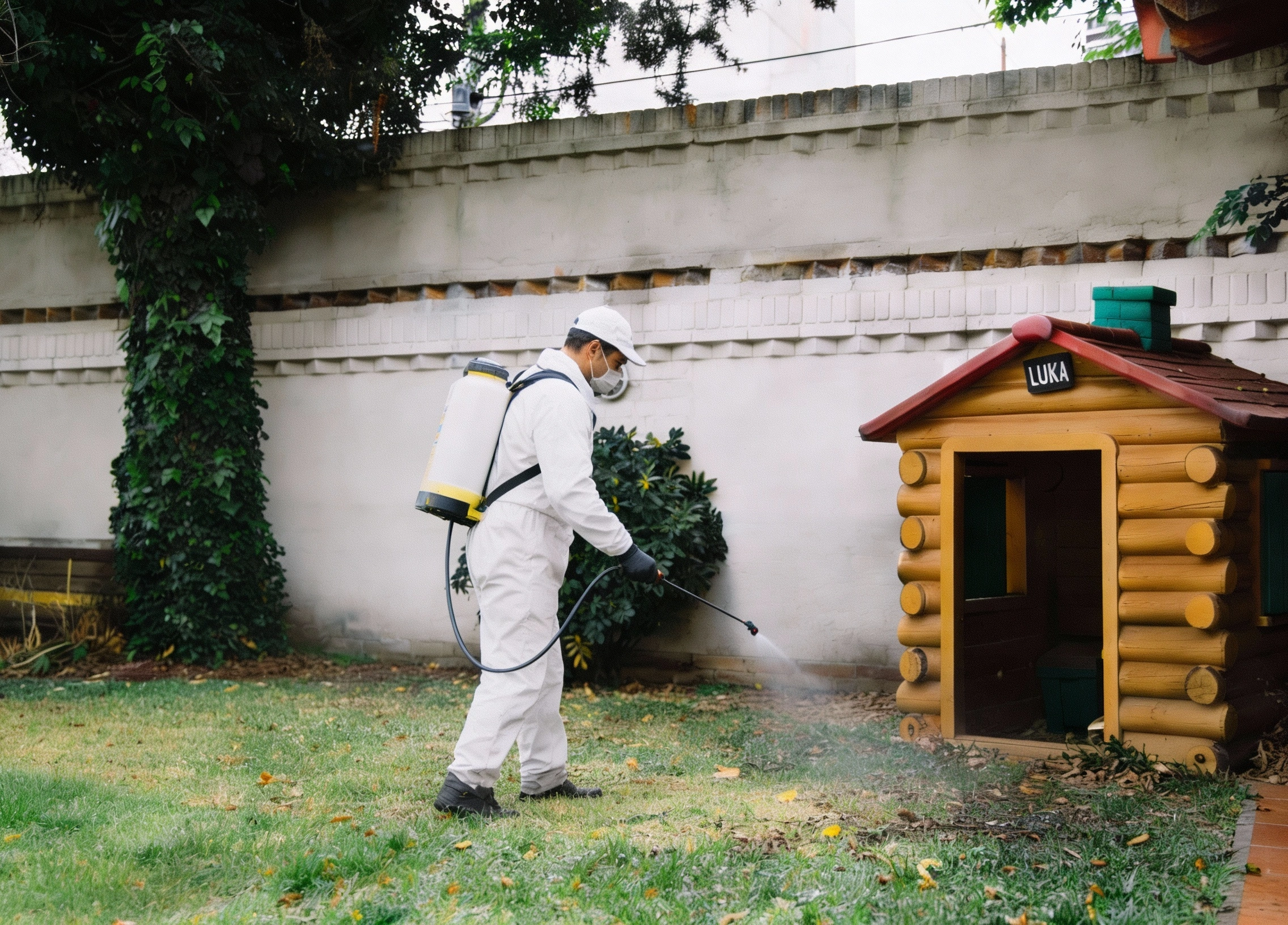 Pest control technician treating pet house and surrounding area in Los Angeles by No Bugs in LA